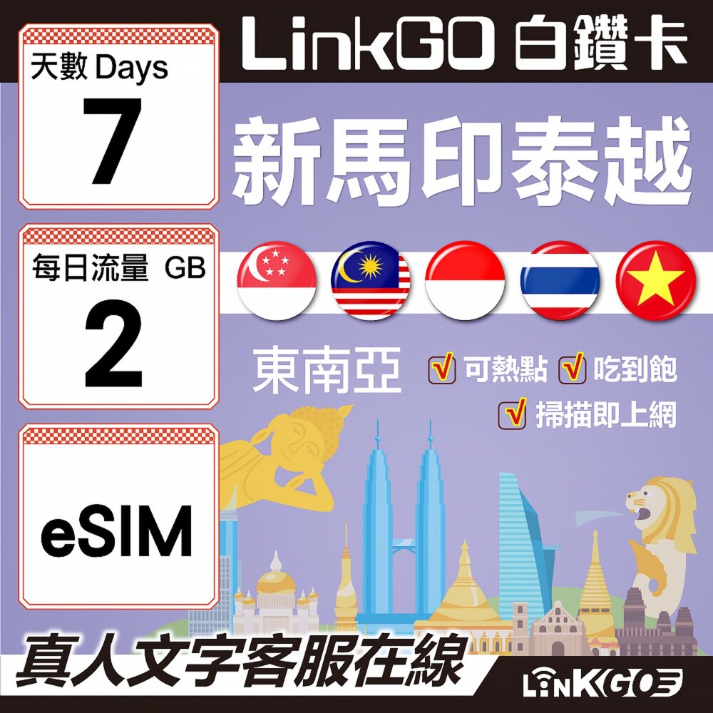 00210007-【LINKGO】白鑽卡 新馬印泰越 eSIM卡 7天上網 每日2GB 高速流量(東南亞網卡 新加坡 馬來西亞 泰國 印尼