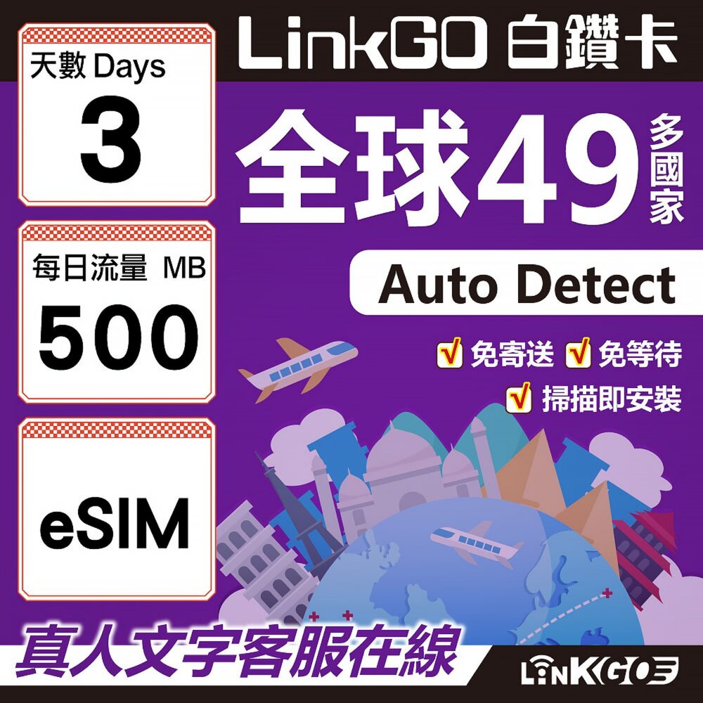 00300003-【LINKGO】白鑽卡 全球49國 eSIM卡 3天上網卡 每日500MB(全球網卡 亞洲 歐洲 美洲 大洋洲 非洲)
