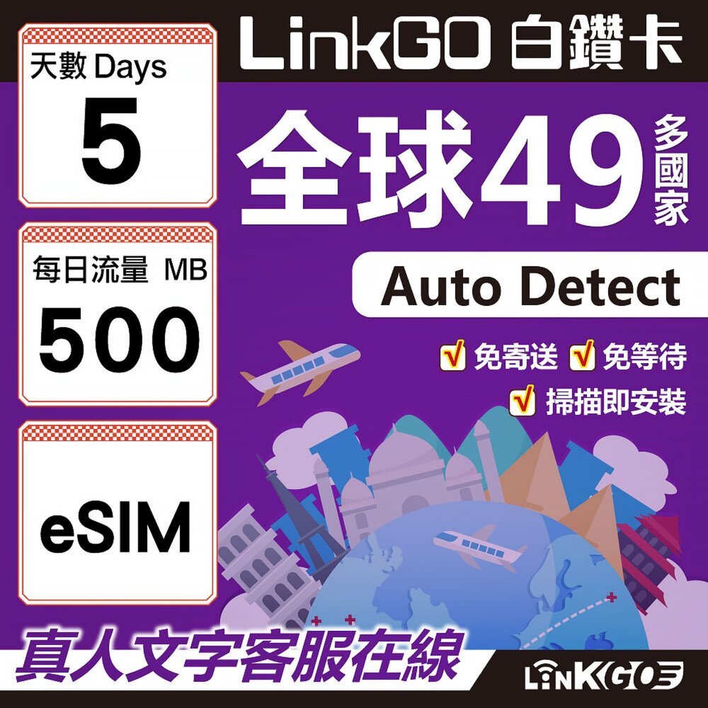 00300005-【LINKGO】白鑽卡 全球49國 eSIM卡 5天上網卡 每日500MB(全球網卡 亞洲 歐洲 美洲 大洋洲 非洲)
