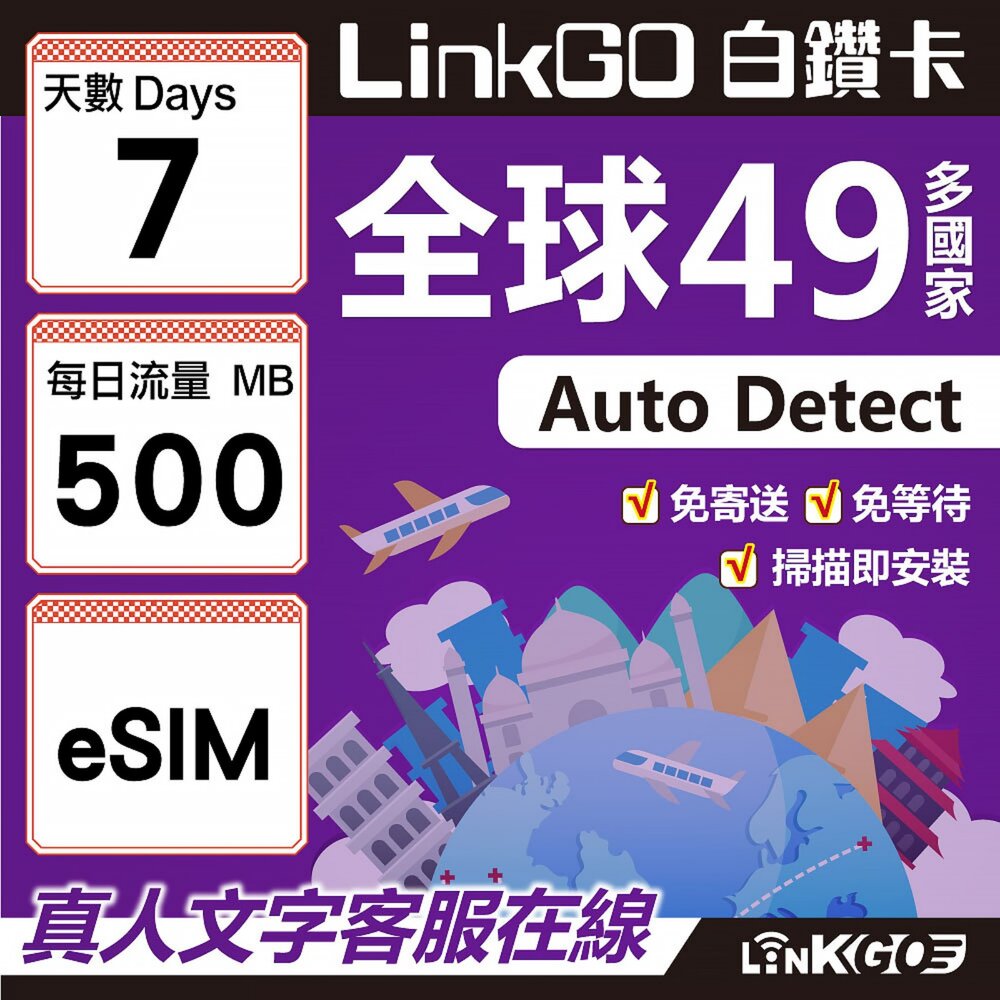 00300007-【LINKGO】白鑽卡 全球49國 eSIM卡 7天上網卡 每日500MB(全球網卡 亞洲 歐洲 美洲 大洋洲 非洲)