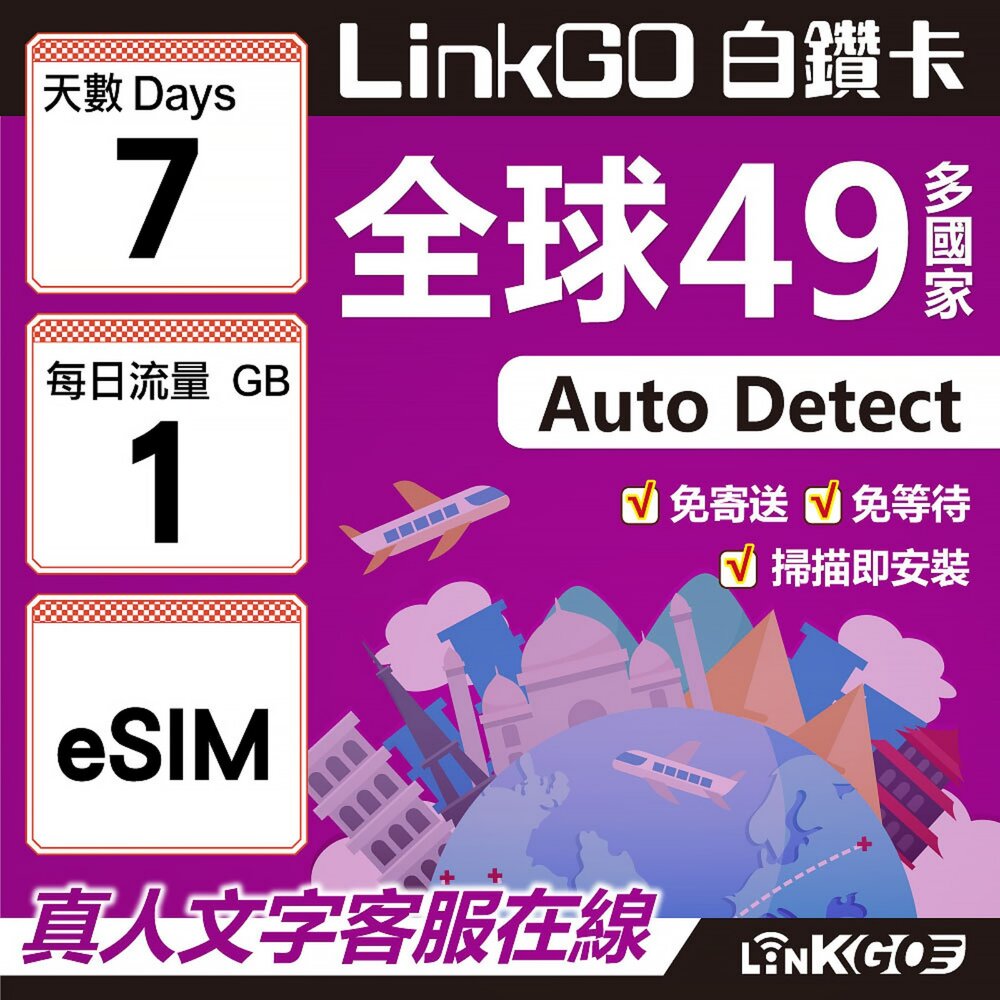 00310007-【LINKGO】白鑽卡 全球49國 eSIM卡 7天上網卡 每日1GB(全球網卡 亞洲 歐洲 美洲 大洋洲 非洲)
