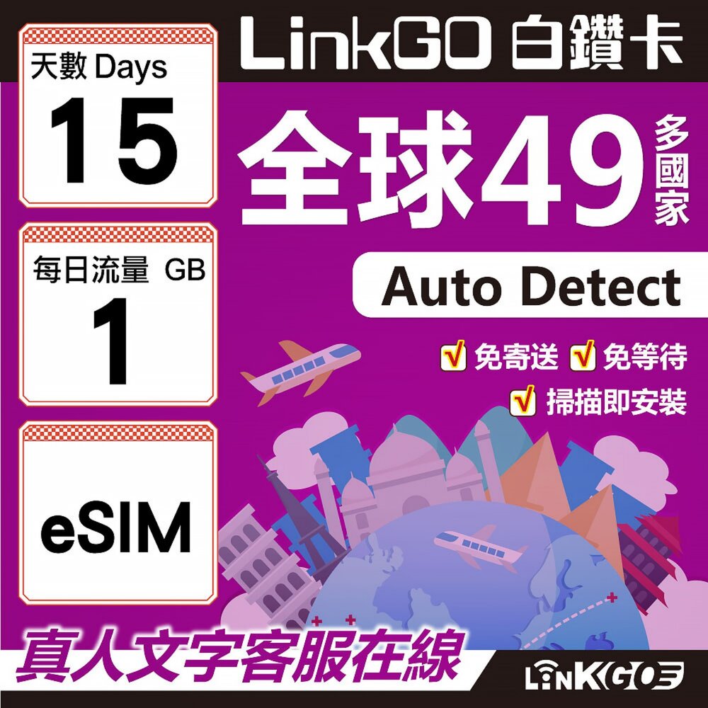 00310015-【LINKGO】白鑽卡 全球49國 eSIM卡 15天上網卡 每日1GB(全球網卡 亞洲 歐洲 美洲 大洋洲 非洲)