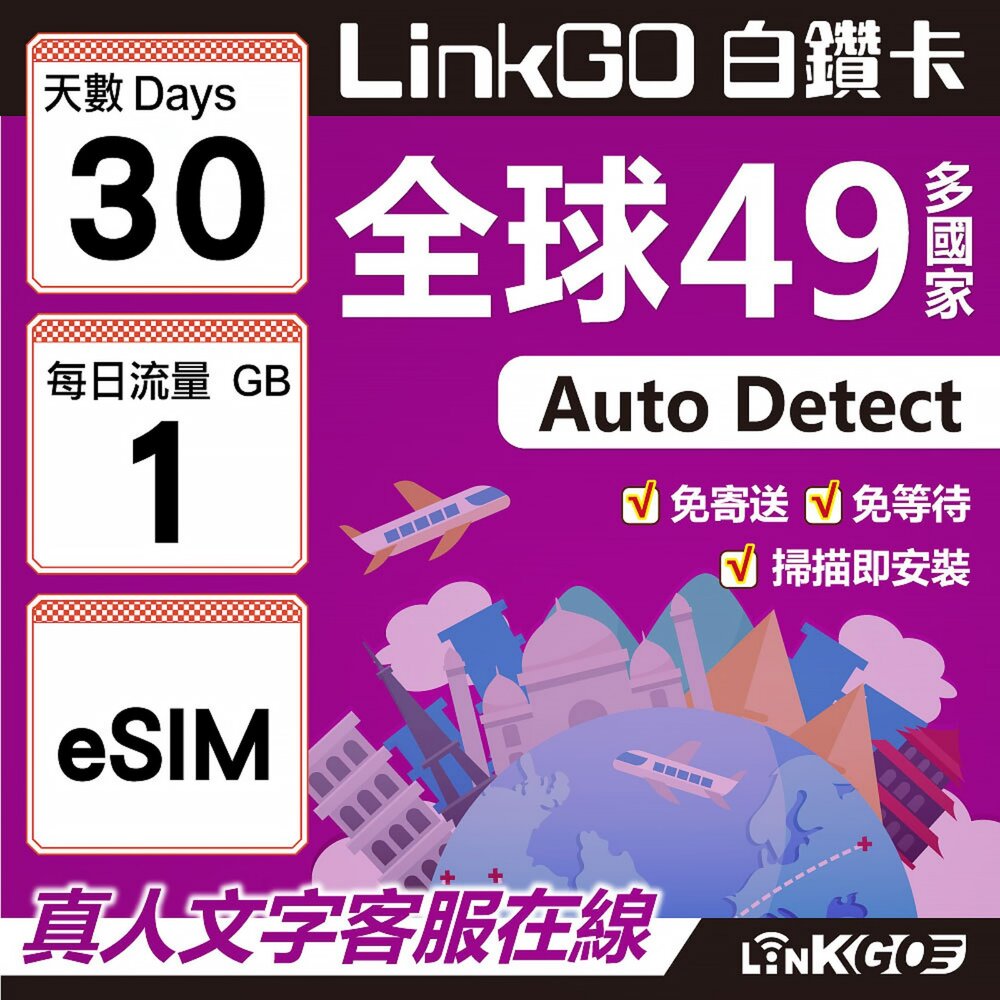 00310030-【LINKGO】白鑽卡 全球49國 eSIM卡 30天上網卡 每日1GB(全球網卡 亞洲 歐洲 美洲 大洋洲 非洲)
