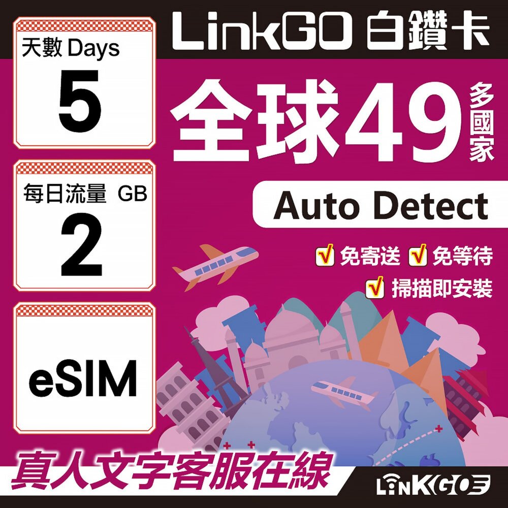00320005-【LINKGO】白鑽卡 全球49國 eSIM卡 5天上網卡 每日2GB(全球網卡 亞洲 歐洲 美洲 大洋洲 非洲)