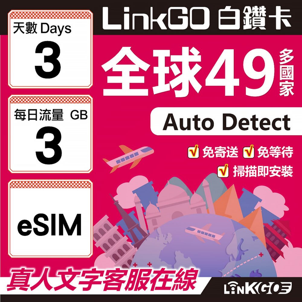 00330003-【LINKGO】白鑽卡 全球49國 eSIM卡 3天上網卡 每日3GB(全球網卡 亞洲 歐洲 美洲 大洋洲 非洲)