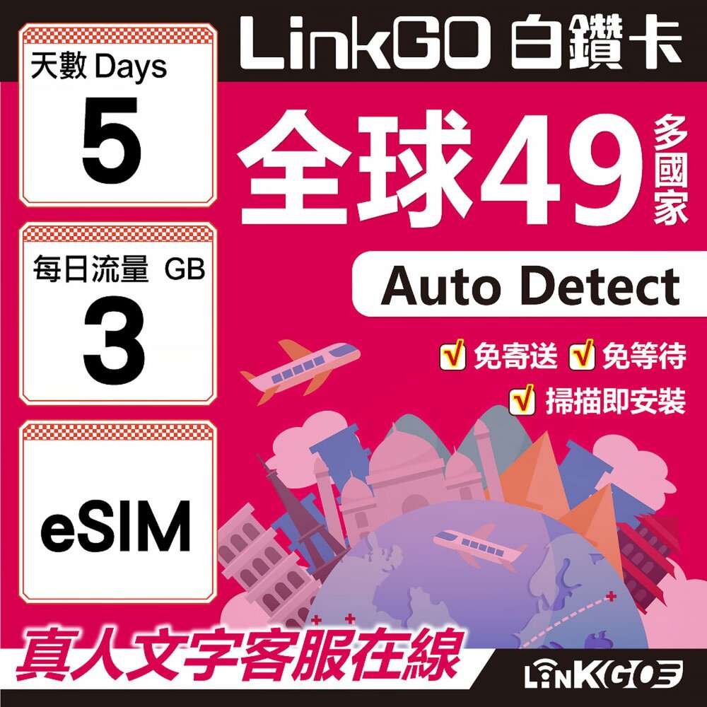 00330005-【LINKGO】白鑽卡 全球49國 eSIM卡 5天上網卡 每日3GB(全球網卡 亞洲 歐洲 美洲 大洋洲 非洲)
