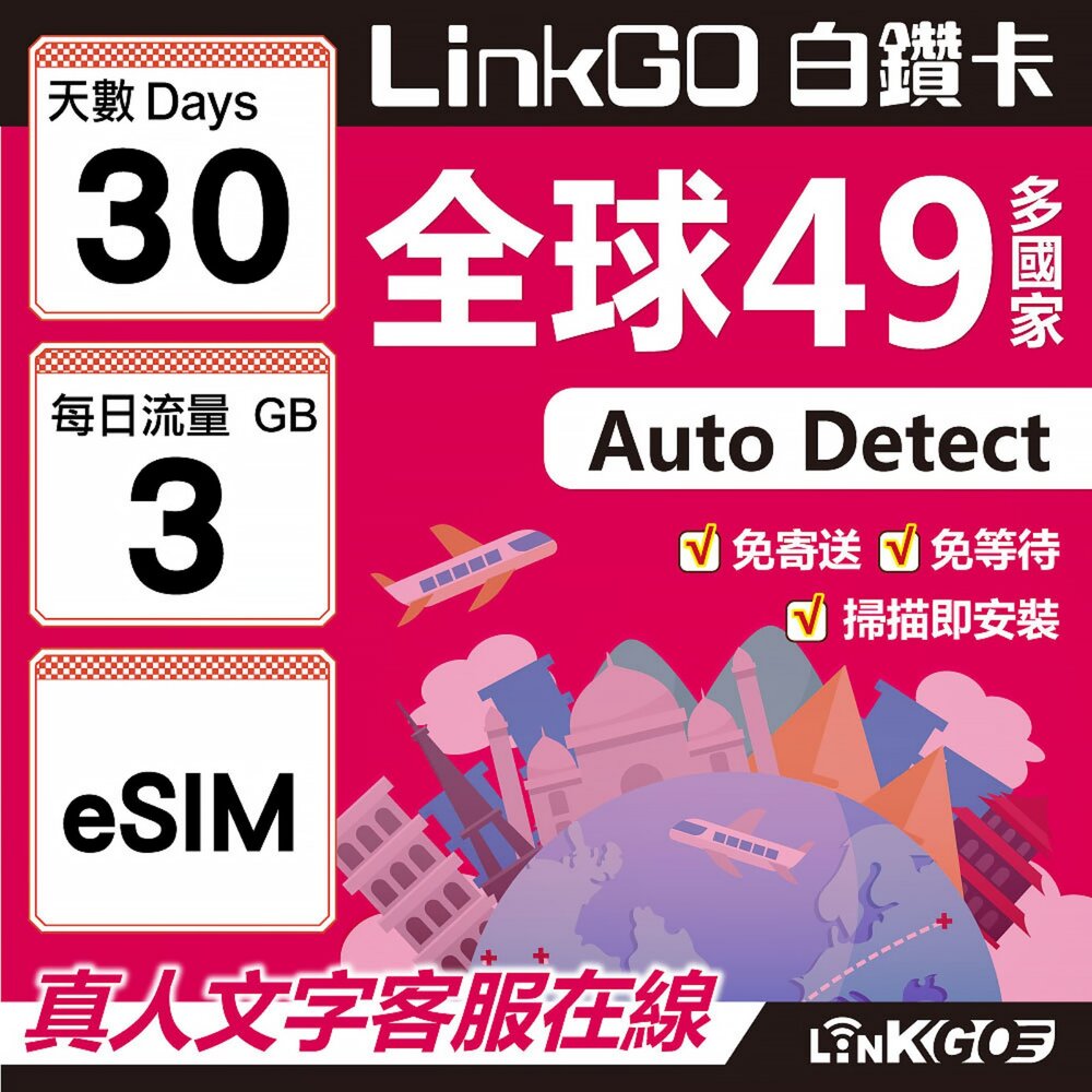 00330030-【LINKGO】白鑽卡 全球49國 eSIM卡 30天上網卡 每日3GB(全球網卡 亞洲 歐洲 美洲 大洋洲 非洲)