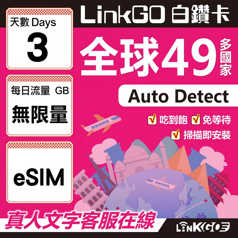 00340003-【LINKGO】白鑽卡 全球49國 eSIM卡 3天上網卡 無限流量吃到飽不降速(全球網卡 亞洲 歐洲 美洲 大洋洲 非