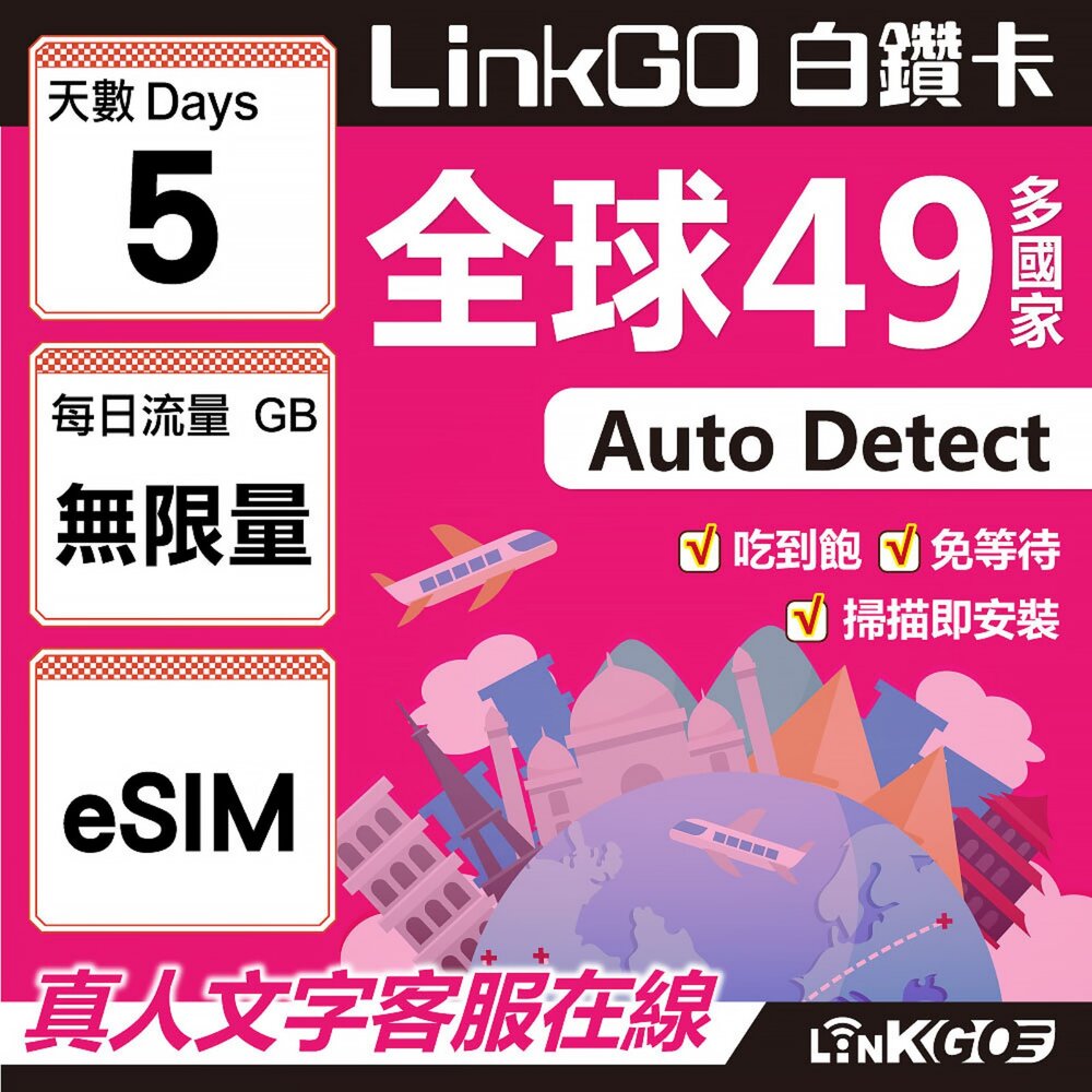 00340005-【LINKGO】白鑽卡 全球49國 eSIM卡 5天上網卡 無限流量吃到飽不降速(全球網卡 亞洲 歐洲 美洲 大洋洲 非