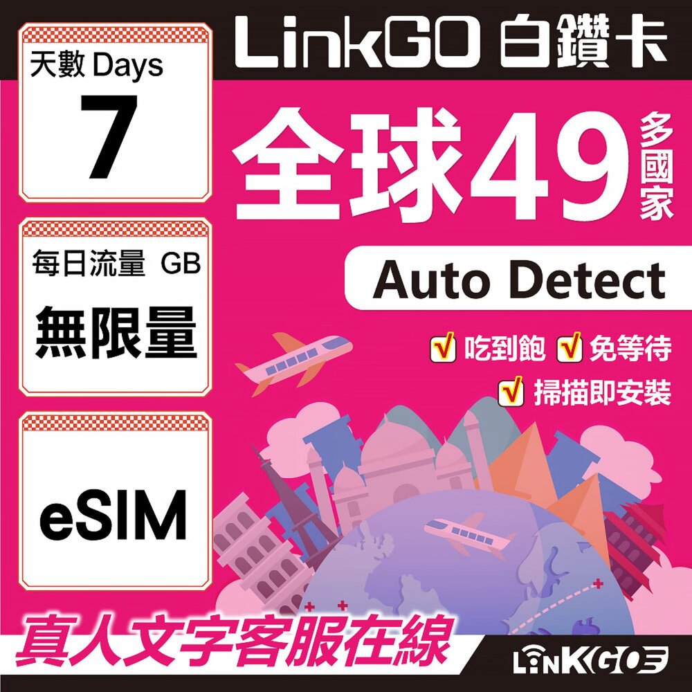 00340007-【LINKGO】白鑽卡 全球49國 eSIM卡 7天上網卡 無限流量吃到飽不降速(全球網卡 亞洲 歐洲 美洲 大洋洲 非