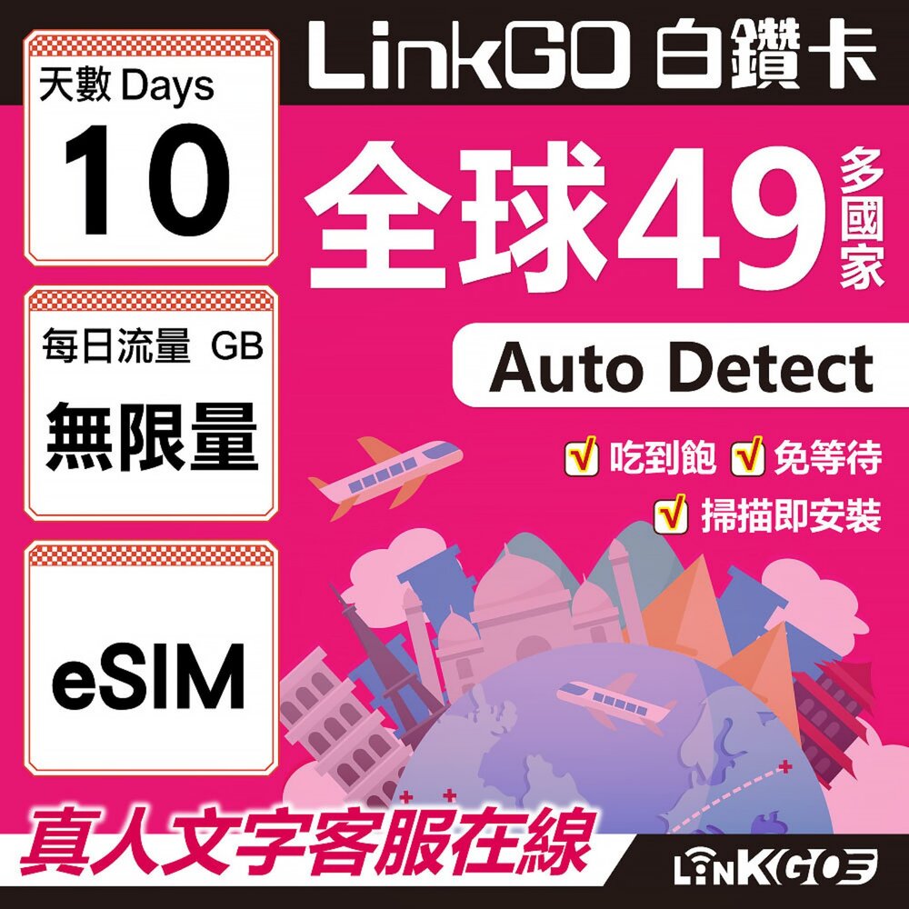 00340010-【LINKGO】白鑽卡 全球49國 eSIM卡 10天上網卡 無限流量吃到飽不降速(全球網卡 亞洲 歐洲 美洲 大洋洲