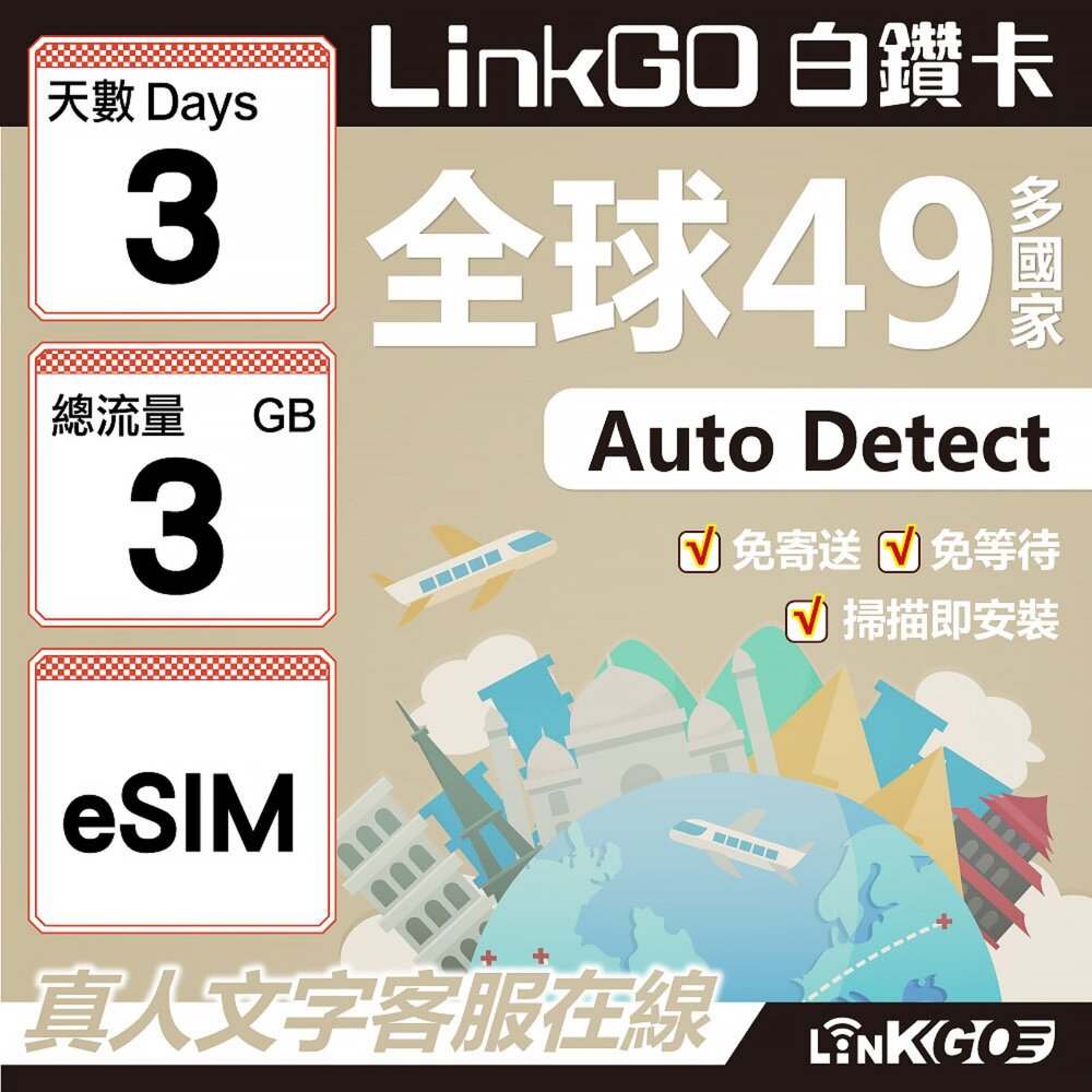 00350003-【LINKGO】白鑽卡 全球49國 eSIM卡 3天上網卡 總流量3GB(全球網卡 亞洲 歐洲 美洲 大洋洲 非洲)