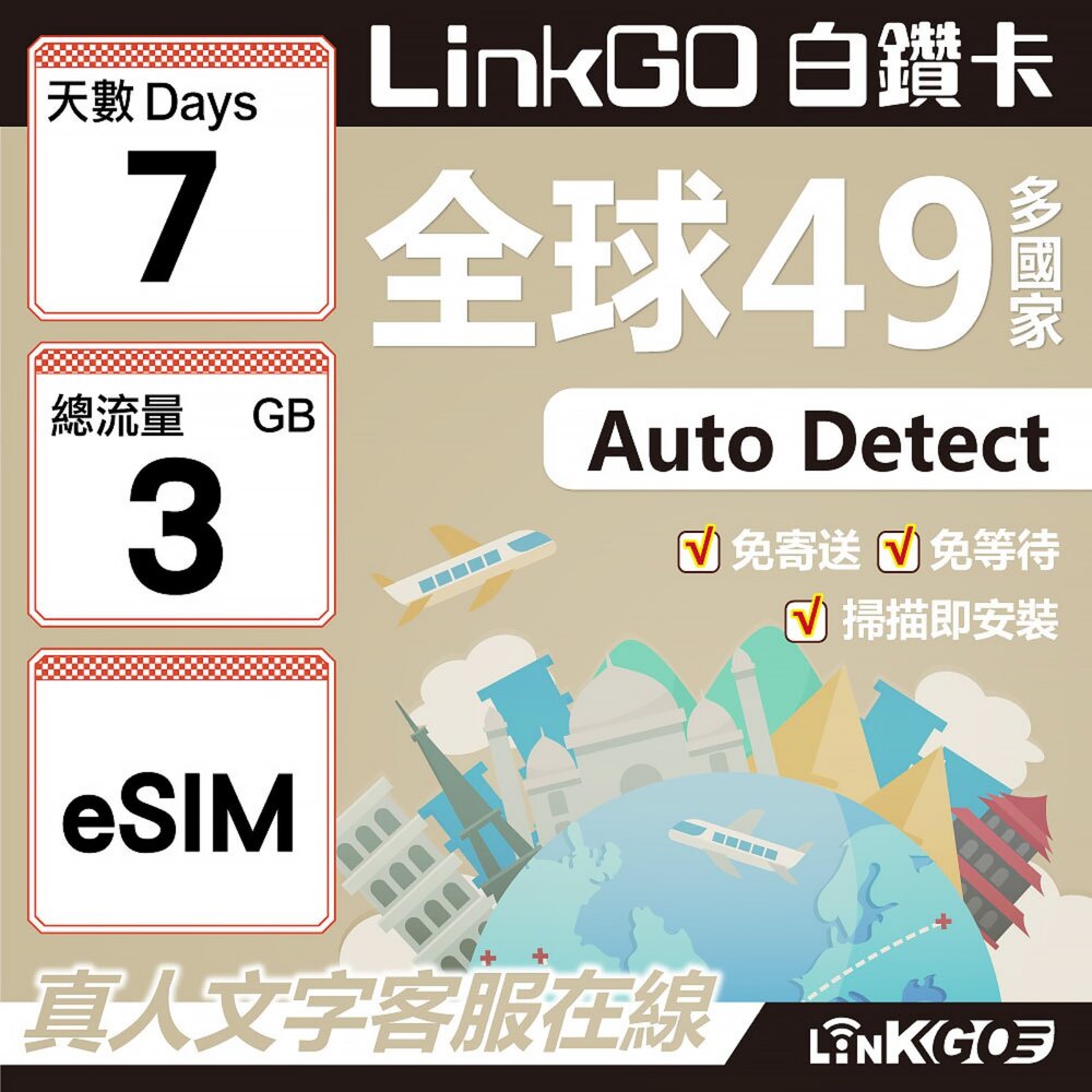 00350007-【LINKGO】白鑽卡 全球49國 eSIM卡 7天上網卡 總流量3GB(全球網卡 亞洲 歐洲 美洲 大洋洲 非洲)