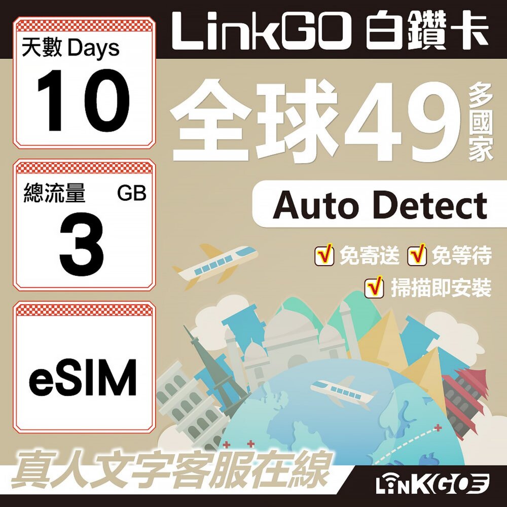 00350010-【LINKGO】白鑽卡 全球49國 eSIM卡 10天上網卡 總流量3GB(全球網卡 亞洲 歐洲 美洲 大洋洲 非洲)
