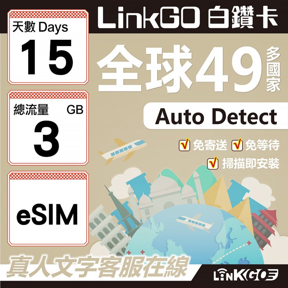 00350015-【LINKGO】白鑽卡 全球49國 eSIM卡 15天上網卡 總流量3GB(全球網卡 亞洲 歐洲 美洲 大洋洲 非洲)