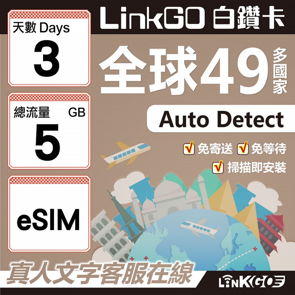 00360003-【LINKGO】白鑽卡 全球49國 eSIM卡 3天上網卡 總流量5GB(全球網卡 亞洲 歐洲 美洲 大洋洲 非洲)