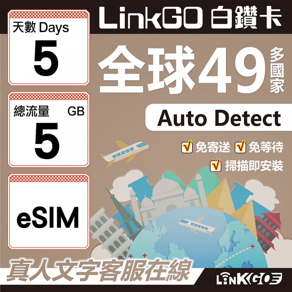 00360005-【LINKGO】白鑽卡 全球49國 eSIM卡 5天上網卡 總流量5GB(全球網卡 亞洲 歐洲 美洲 大洋洲 非洲)