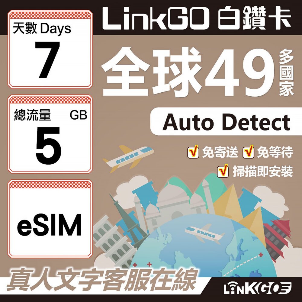 00360007-【LINKGO】白鑽卡 全球49國 eSIM卡 7天上網卡 總流量5GB(全球網卡 亞洲 歐洲 美洲 大洋洲 非洲)