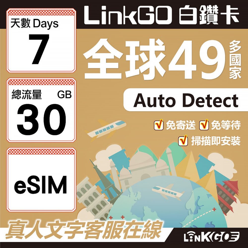 00390007-【LINKGO】白鑽卡 全球49國 eSIM卡 7天上網卡 總流量30GB(全球網卡 亞洲 歐洲 美洲 大洋洲 非洲)