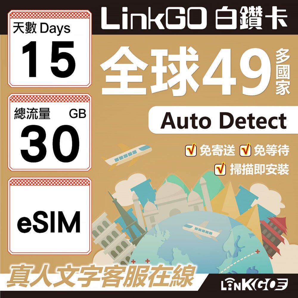 00390015-【LINKGO】白鑽卡 全球49國 eSIM卡 15天上網卡 總流量30GB(全球網卡 亞洲 歐洲 美洲 大洋洲 非洲)