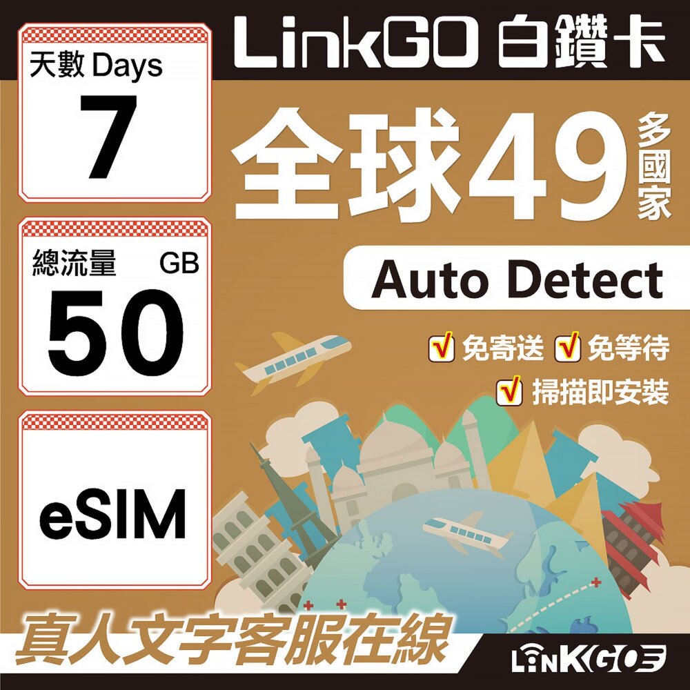 00400007-【LINKGO】白鑽卡 全球49國 eSIM卡 7天上網卡 總流量50GB(全球網卡 亞洲 歐洲 美洲 大洋洲 非洲)