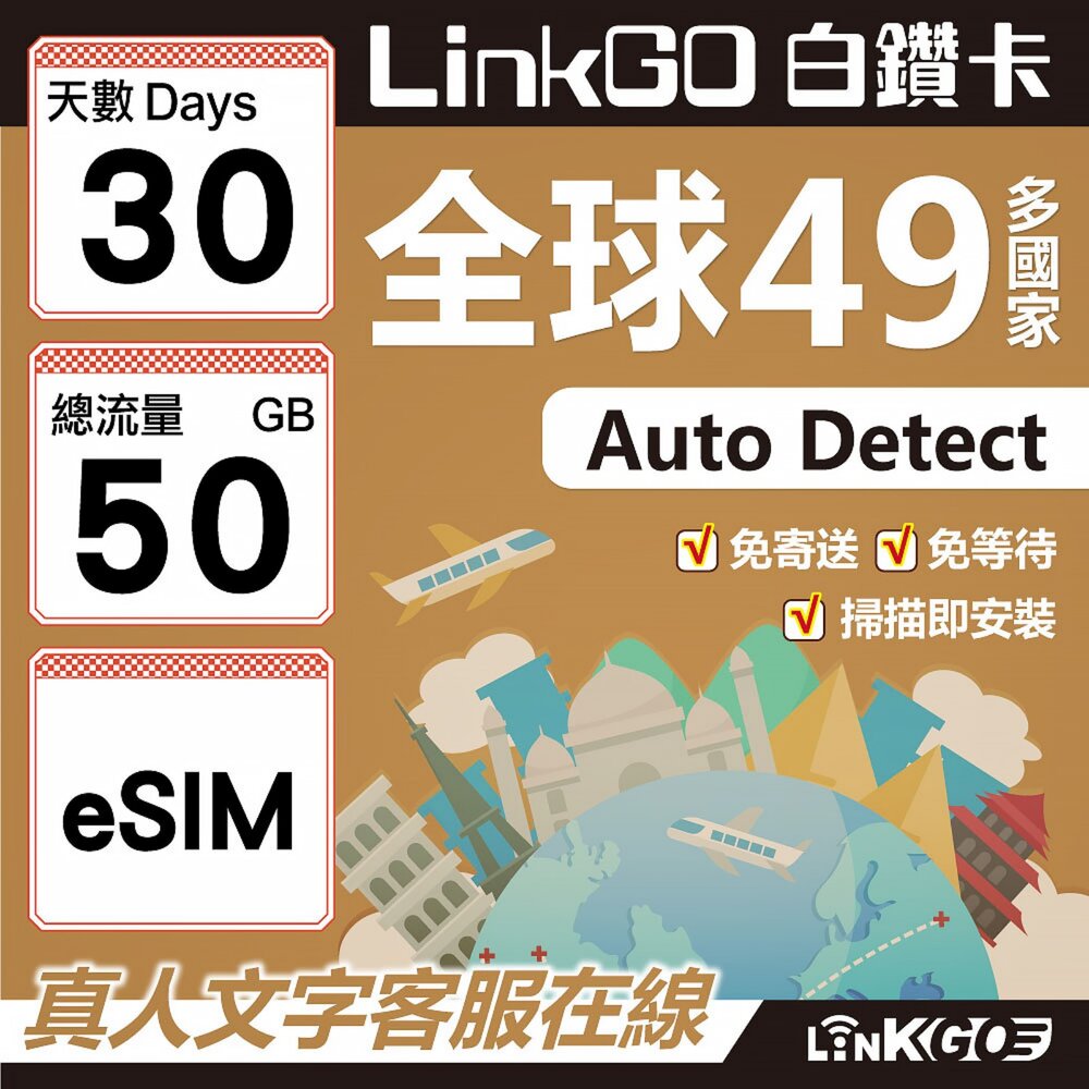 00400030-【LINKGO】白鑽卡 全球49國 eSIM卡 30天上網卡 總流量50GB(全球網卡 亞洲 歐洲 美洲 大洋洲 非洲)
