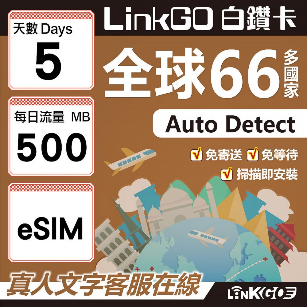 00410005-【LINKGO】白鑽卡 全球66國 eSIM卡 5天上網卡 每日500MB(全球網卡 亞洲 歐洲 美洲 大洋洲 非洲)