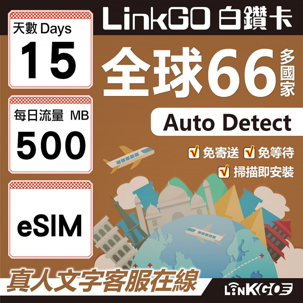 00410015-【LINKGO】白鑽卡 全球66國 eSIM卡 15天上網卡 每日500MB(全球網卡 亞洲 歐洲 美洲 大洋洲 非洲)