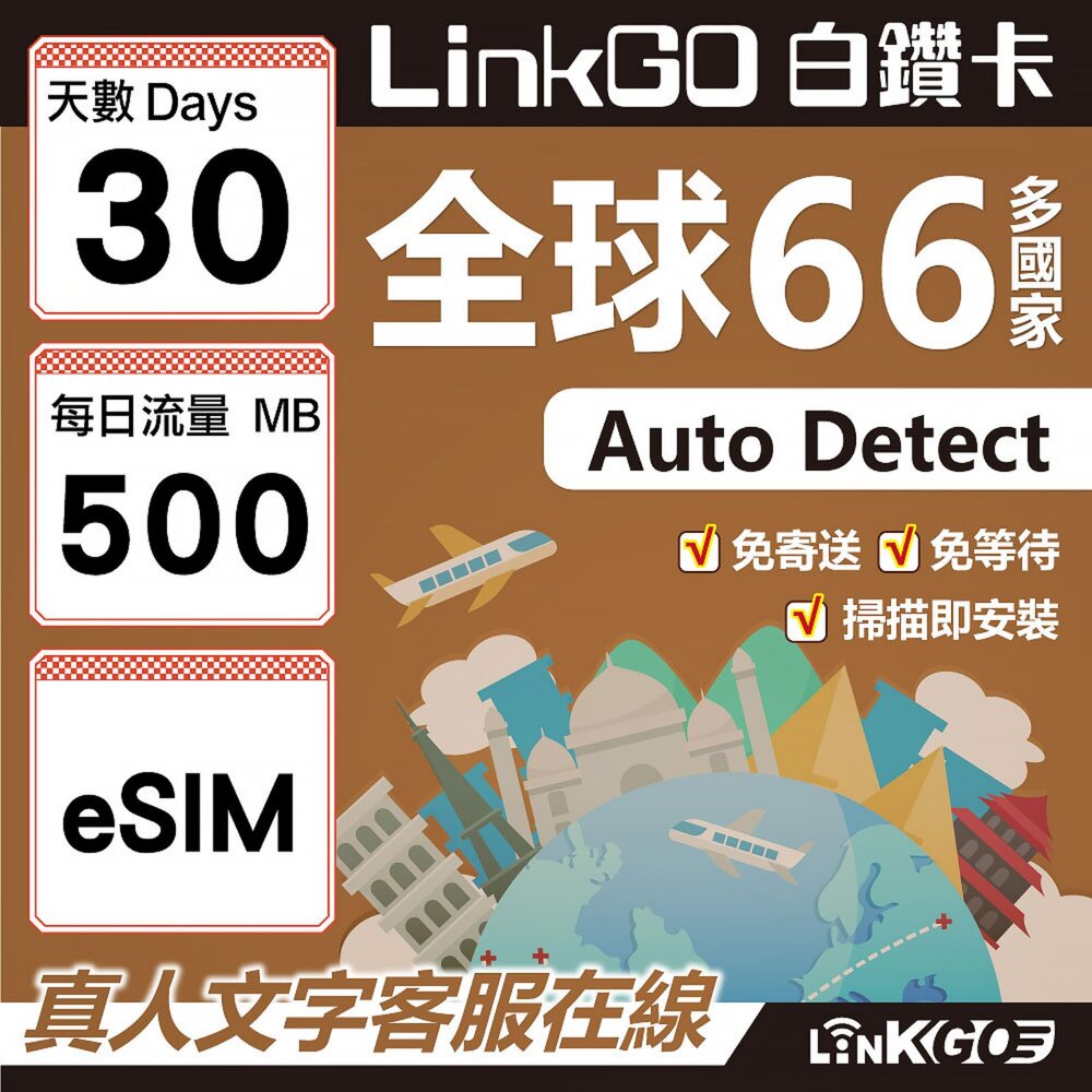 00410030-【LINKGO】白鑽卡 全球66國 eSIM卡 30天上網卡 每日500MB(全球網卡 亞洲 歐洲 美洲 大洋洲 非洲)