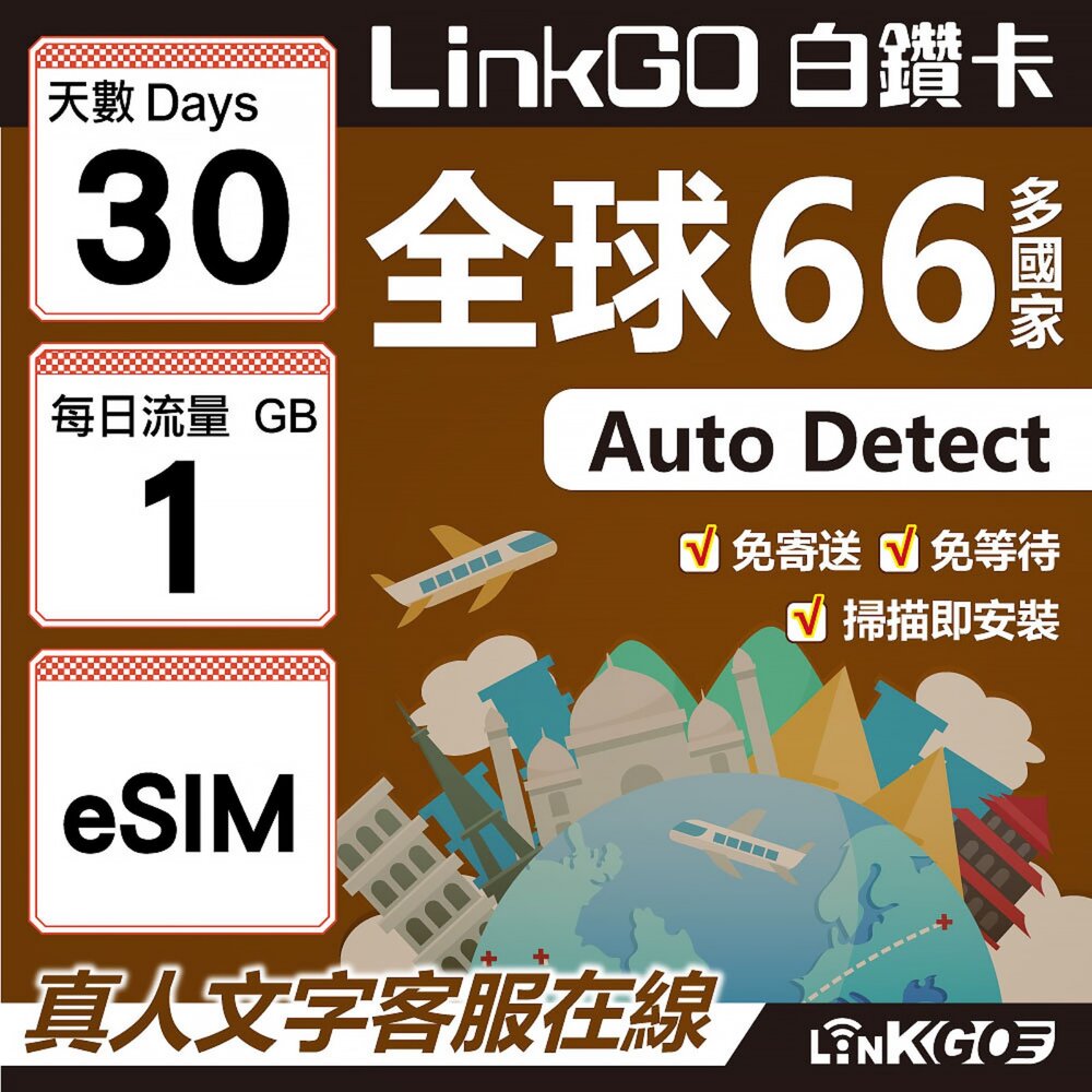 00420030-【LINKGO】白鑽卡 全球66國 eSIM卡 30天上網卡 每日1GB(全球網卡 亞洲 歐洲 美洲 大洋洲 非洲)