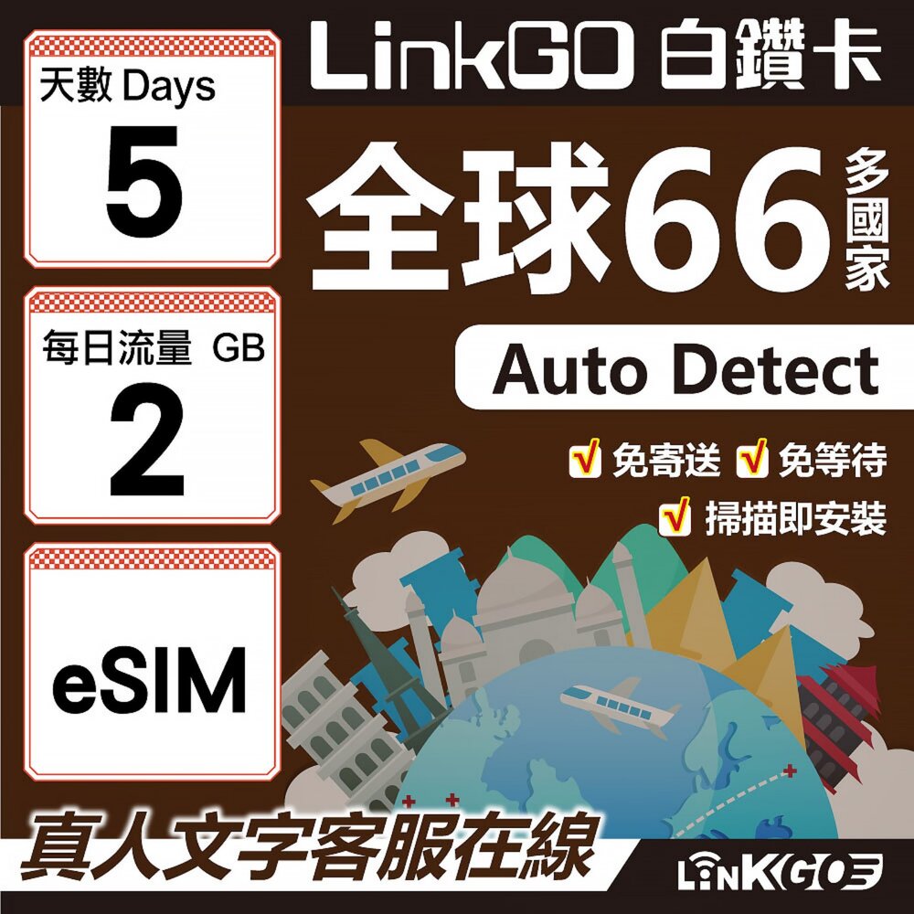00430005-【LINKGO】白鑽卡 全球66國 eSIM卡 5天上網卡 每日2GB(全球網卡 亞洲 歐洲 美洲 大洋洲 非洲)