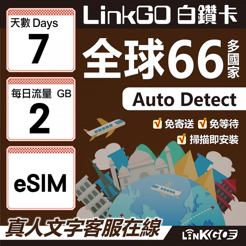 00430007-【LINKGO】白鑽卡 全球66國 eSIM卡 7天上網卡 每日2GB(全球網卡 亞洲 歐洲 美洲 大洋洲 非洲)