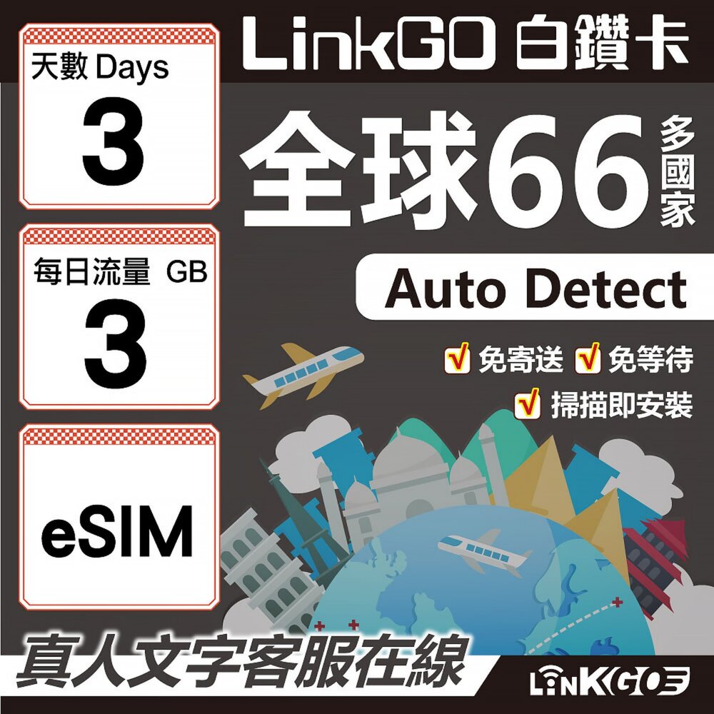 00440003-【LINKGO】白鑽卡 全球66國 eSIM卡 3天上網卡 每日3GB(全球網卡 亞洲 歐洲 美洲 大洋洲 非洲)