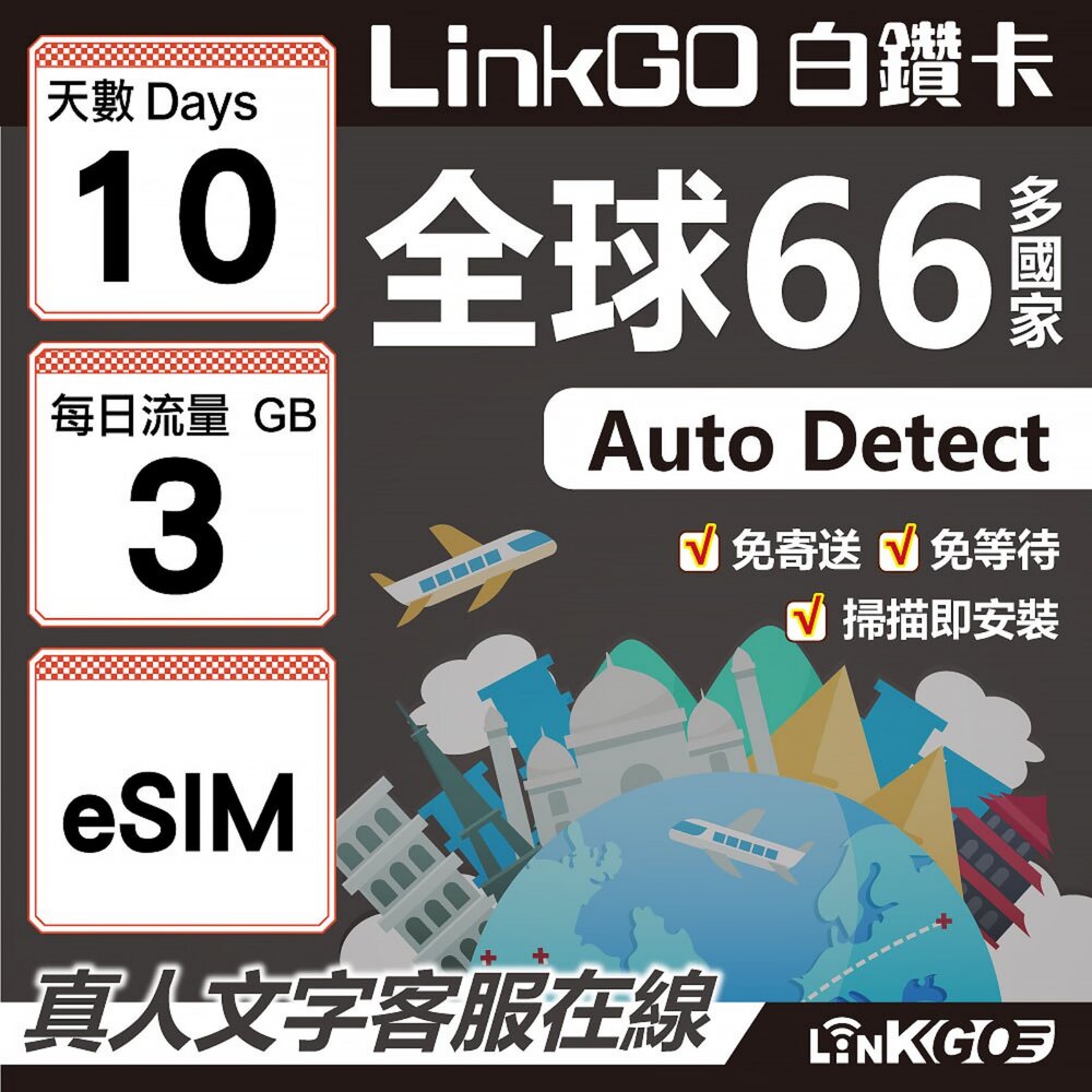 00440010-【LINKGO】白鑽卡 全球66國 eSIM卡 10天上網卡 每日3GB(全球網卡 亞洲 歐洲 美洲 大洋洲 非洲)