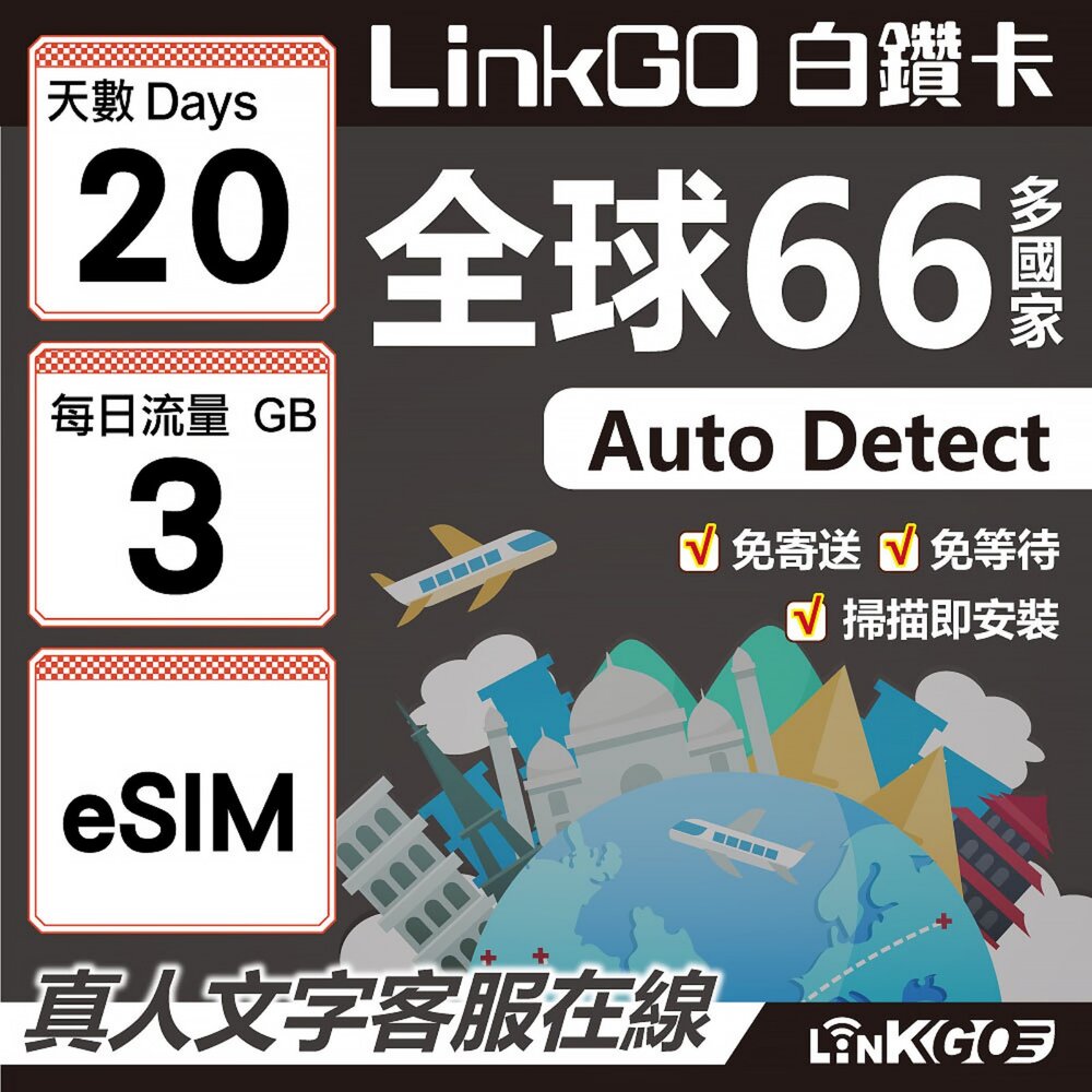 00440020-【LINKGO】白鑽卡 全球66國 eSIM卡 20天上網卡 每日3GB(全球網卡 亞洲 歐洲 美洲 大洋洲 非洲)