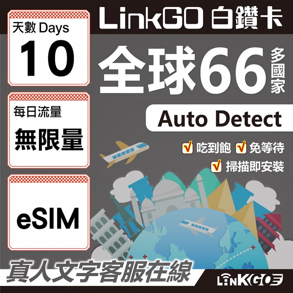 00450010-【LINKGO】白鑽卡 全球66國 eSIM卡 10天上網卡 無限流量吃到飽不降速(全球網卡 亞洲 歐洲 美洲 大洋洲