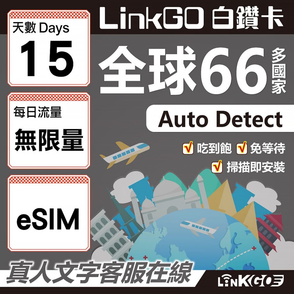 00450015-【LINKGO】白鑽卡 全球66國 eSIM卡 15天上網卡 無限流量吃到飽不降速(全球網卡 亞洲 歐洲 美洲 大洋洲