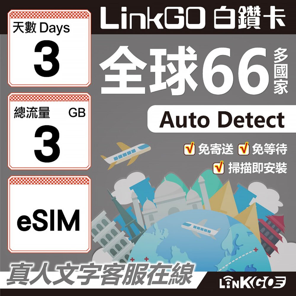 00460003-【LINKGO】白鑽卡 全球66國 eSIM卡 3天上網卡 總流量3GB(全球網卡 亞洲 歐洲 美洲 大洋洲 非洲)