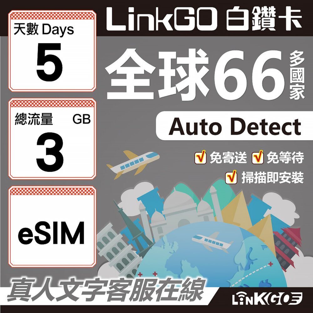 00460005-【LINKGO】白鑽卡 全球66國 eSIM卡 5天上網卡 總流量3GB(全球網卡 亞洲 歐洲 美洲 大洋洲 非洲)