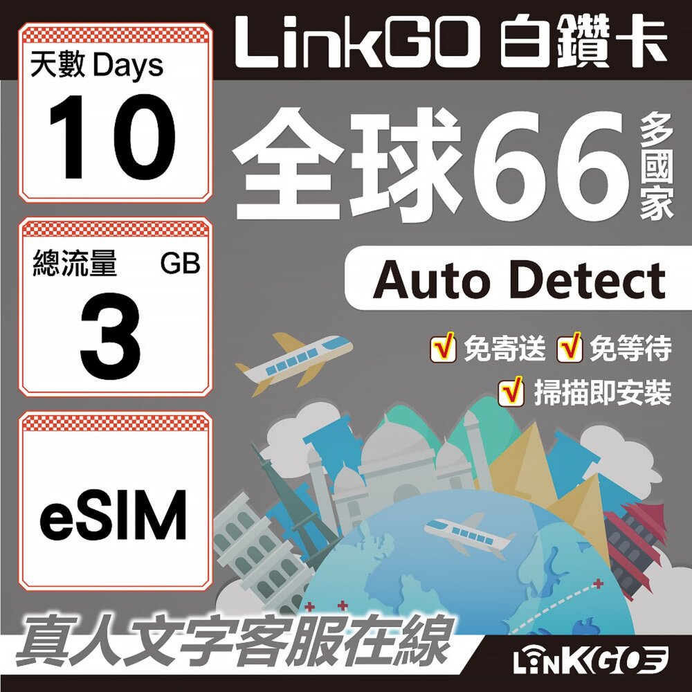 00460010-【LINKGO】白鑽卡 全球66國 eSIM卡 10天上網卡 總流量3GB(全球網卡 亞洲 歐洲 美洲 大洋洲 非洲)