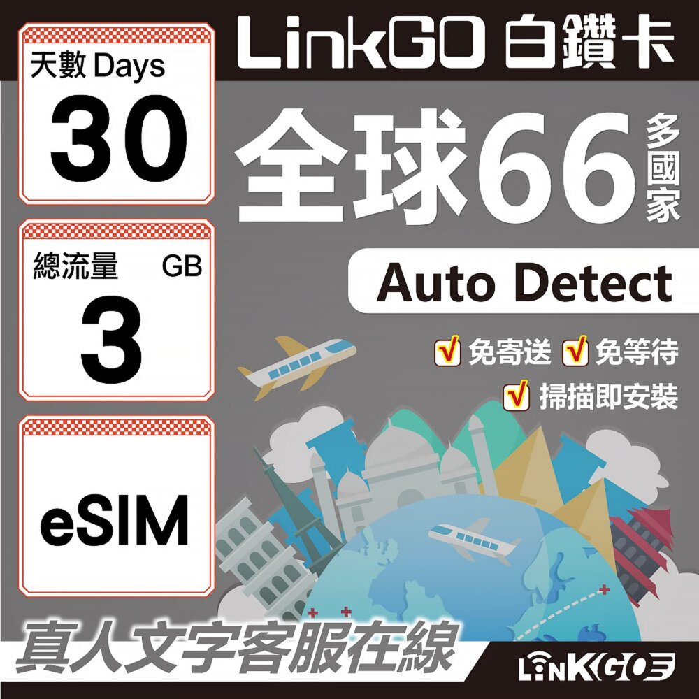 00460030-【LINKGO】白鑽卡 全球66國 eSIM卡 30天上網卡 總流量3GB(全球網卡 亞洲 歐洲 美洲 大洋洲 非洲)