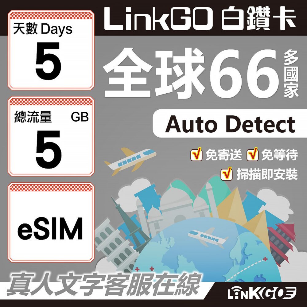00470005-【LINKGO】白鑽卡 全球66國 eSIM卡 5天上網卡 總流量5GB(全球網卡 亞洲 歐洲 美洲 大洋洲 非洲)