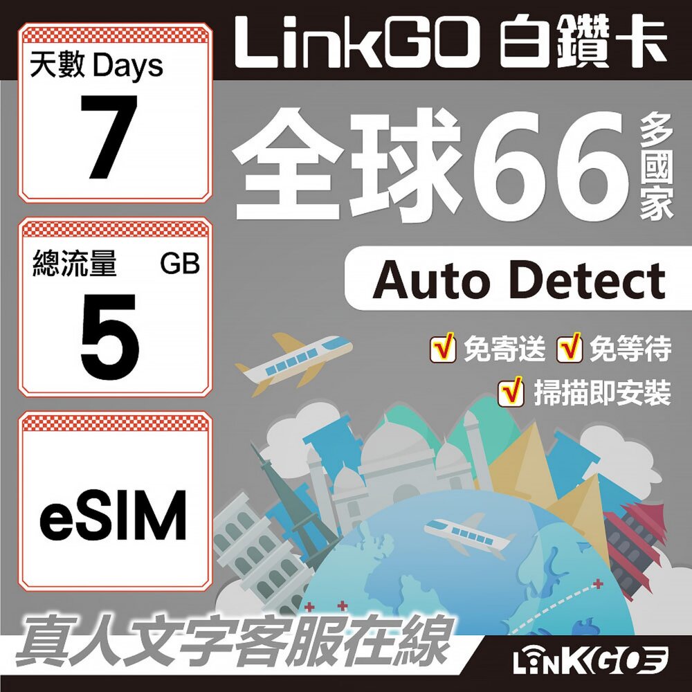 00470007-【LINKGO】白鑽卡 全球66國 eSIM卡 7天上網卡 總流量5GB(全球網卡 亞洲 歐洲 美洲 大洋洲 非洲)