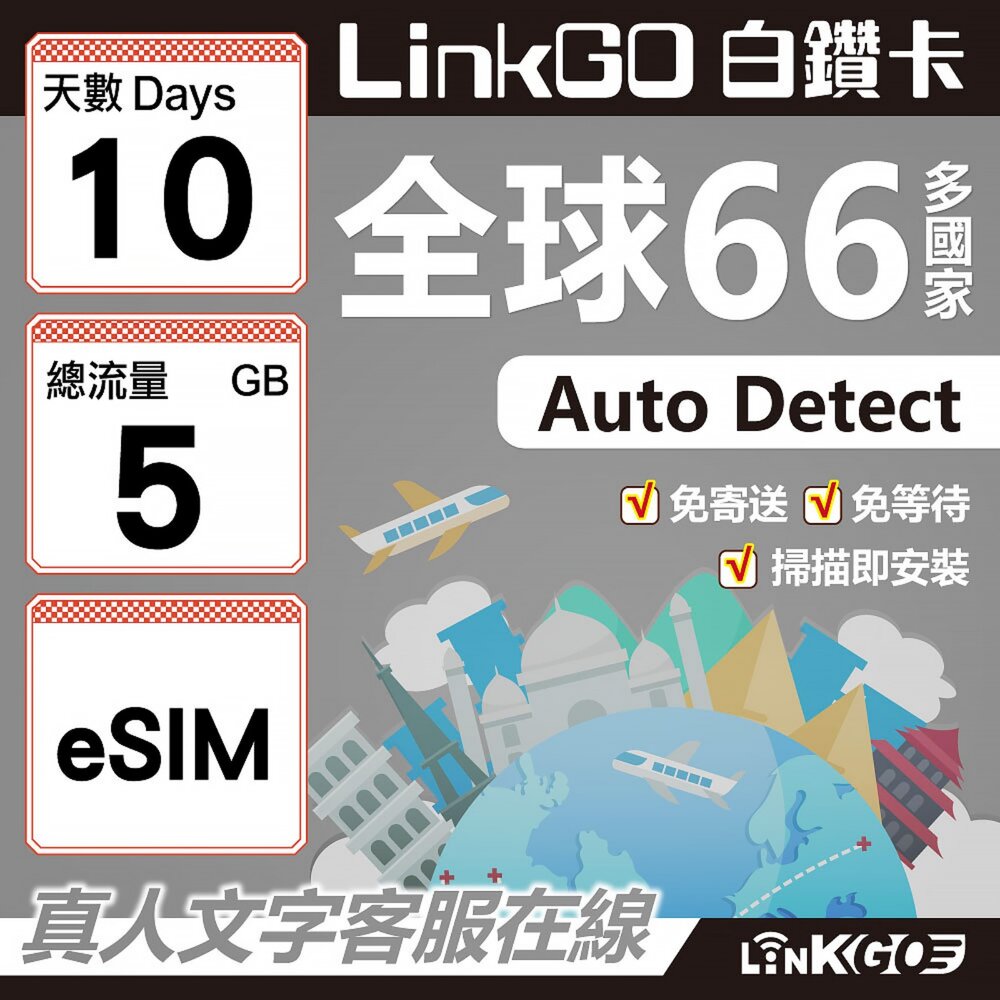 00470010-【LINKGO】白鑽卡 全球66國 eSIM卡 10天上網卡 總流量5GB(全球網卡 亞洲 歐洲 美洲 大洋洲 非洲)
