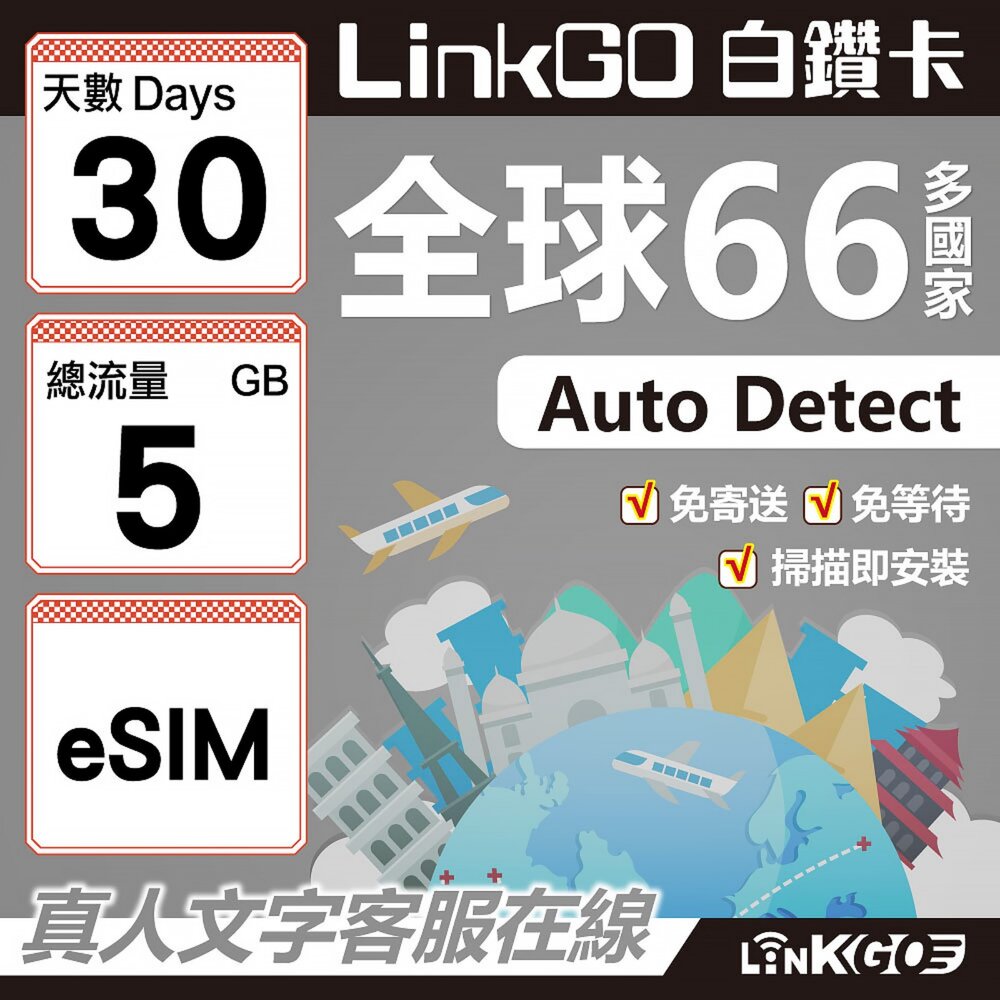 00470030-【LINKGO】白鑽卡 全球66國 eSIM卡 30天上網卡 總流量5GB(全球網卡 亞洲 歐洲 美洲 大洋洲 非洲)