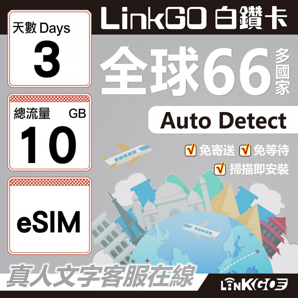 00480003-【LINKGO】白鑽卡 全球66國 eSIM卡 3天上網卡 總流量10GB(全球網卡 亞洲 歐洲 美洲 大洋洲 非洲)