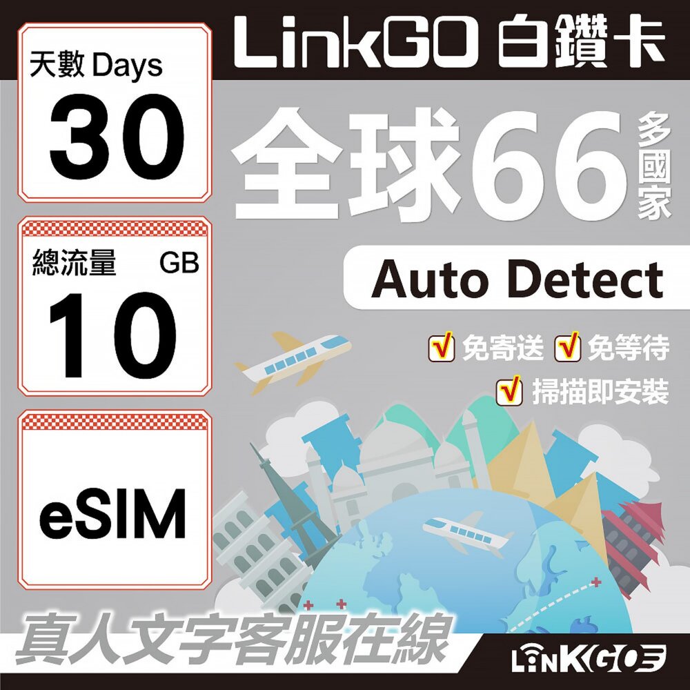 00480030-【LINKGO】白鑽卡 全球66國 eSIM卡 30天上網卡 總流量10GB(全球網卡 亞洲 歐洲 美洲 大洋洲 非洲)