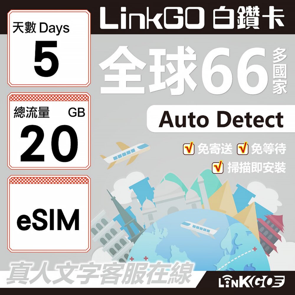 00490005-【LINKGO】白鑽卡 全球66國 eSIM卡 5天上網卡 總流量20GB(全球網卡 亞洲 歐洲 美洲 大洋洲 非洲)