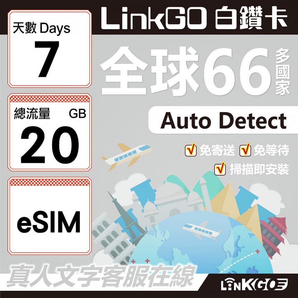00490007-【LINKGO】白鑽卡 全球66國 eSIM卡 7天上網卡 總流量20GB(全球網卡 亞洲 歐洲 美洲 大洋洲 非洲)