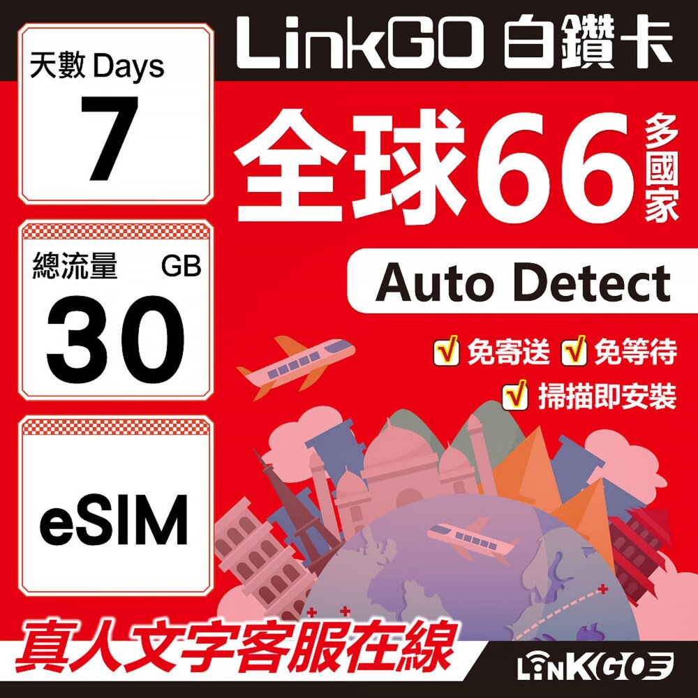 00500007-【LINKGO】白鑽卡 全球66國 eSIM卡 7天上網卡 總流量30GB(全球網卡 亞洲 歐洲 美洲 大洋洲 非洲)